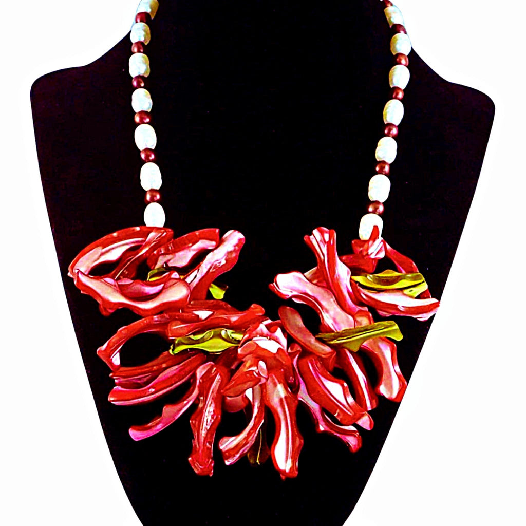 The Garnet Galaxy Statement Necklace - Red Mother-of-Pearl Bib with Red & White Freshwater Pearls (Sterling Silver Toggle Clasp)