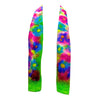 SilkArt: Lilies hiding from the Peonies in the Emerald Galaxy - Hand-Painted Silk Scarf (8x54) - Emerald Green Border with Pink & Blue Flowers