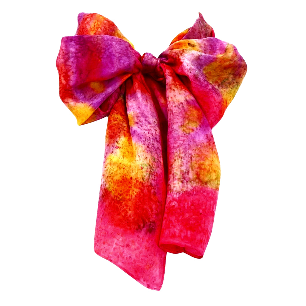 SilkArt: The Ruby Galaxy - Hand-Painted Silk Scarf (8x54) - Red Border with Mauve, Orange and Yellow