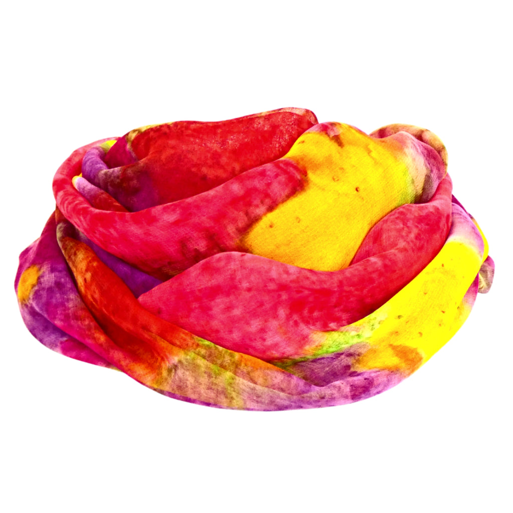 SilkArt: The Tulip Colony of the Ruby Galaxy - Hand-Painted Silk Scarf (14x72) - Red Border with Purple, Yellow, & Red Flowers