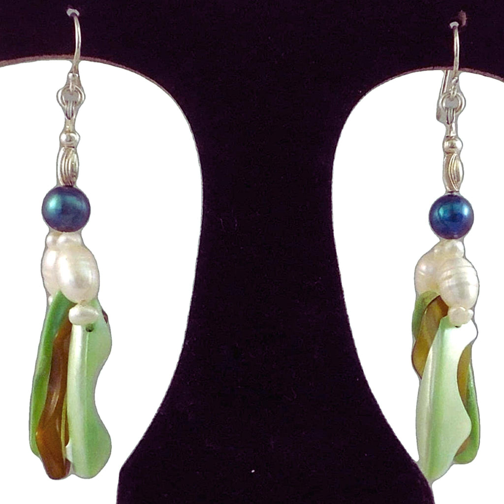 The Emerald Galaxy Statement Earrings - Green Mother-of-Pearl Dangles with Green & White Freshwater Pearls (Sterling Silver Earwires)