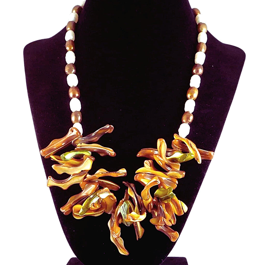 The Pearl Galaxy Statement Necklace - Brown Mother-of-Pearl Bib with White & Brown Cultured Freshwater Pearls (Sterling Silver Toggle Clasp)