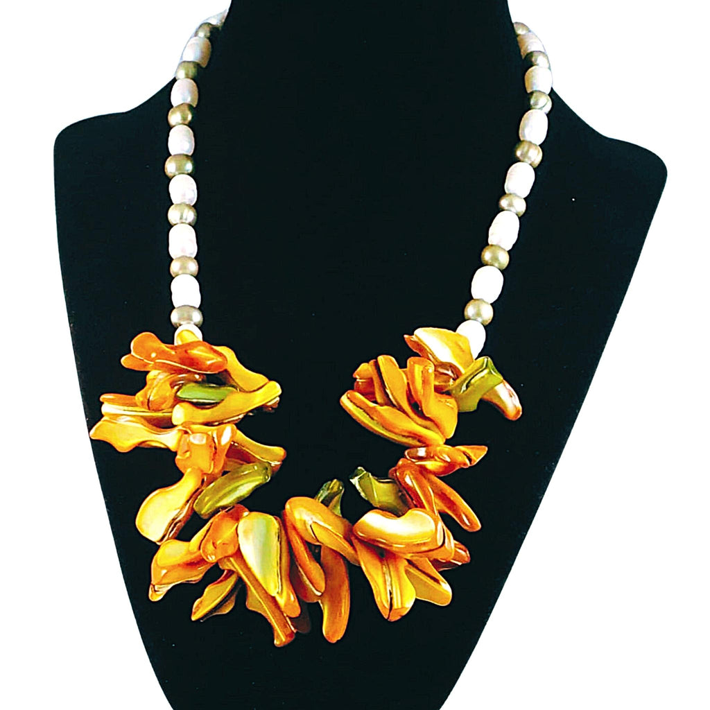 The Peridot Galaxy Statement Necklace - Gold Mother-of-Pearl Bib with Peridot Green & White Freshwater Pearls (Sterling Silver Toggle Clasp)