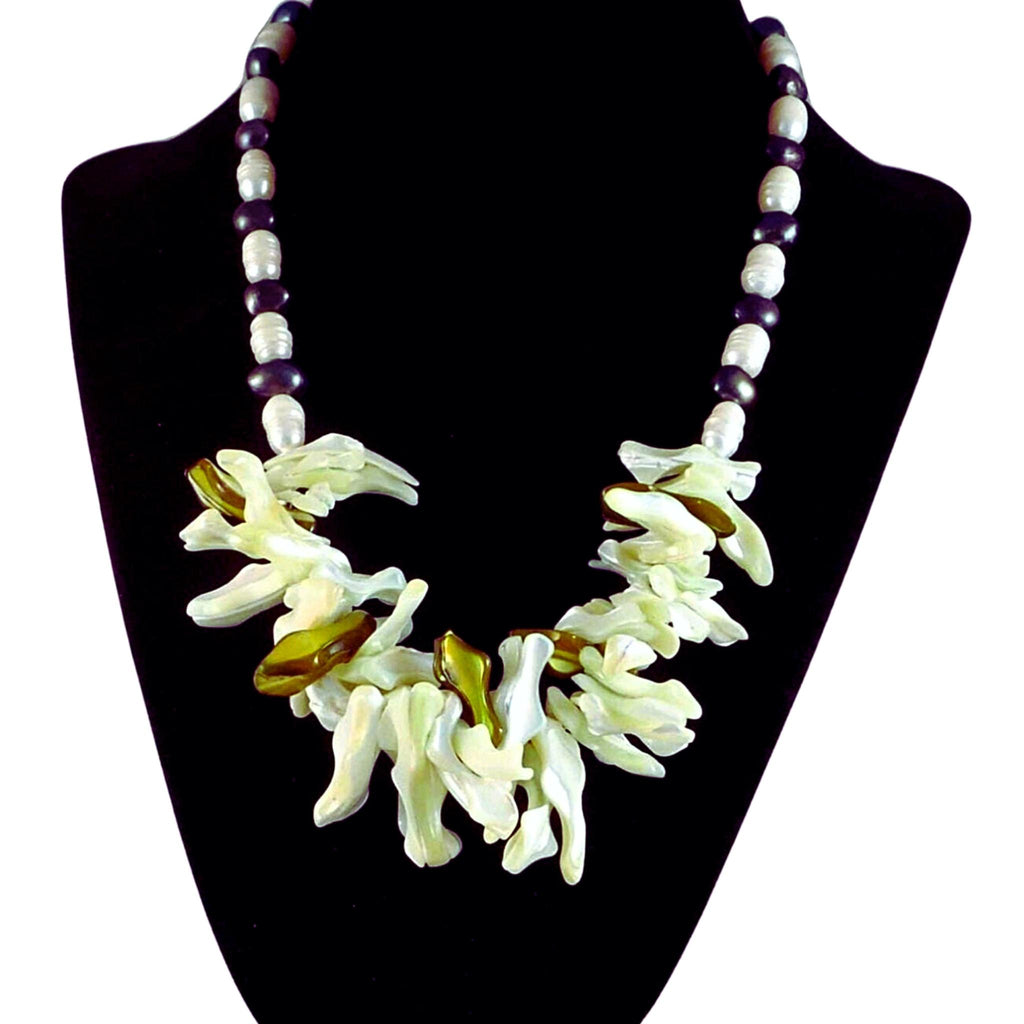 The Sapphire Galaxy Statement Necklace - Mint Green Mother-of-Pearls with Sapphire Blue & White Freshwater Pearls (Sterling Silver Toggle Clasp)