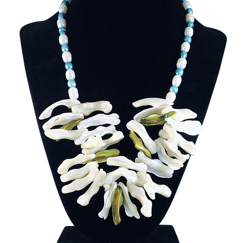 The Turquoise Galaxy Statement Necklace - White Mother-of-Pearl Bib with Turquoise & White Freshwater Pearls (Sterling Silver Toggle Clasp)