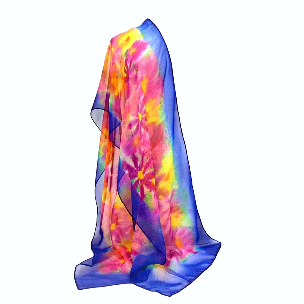 Aster Hand-Painted Silk Scarf - Blue Abstract Silk Art - Floral Scarf with Pink Asters & Yellow Phlox  - Boho Chic Scarf - OOAK Wearable Art