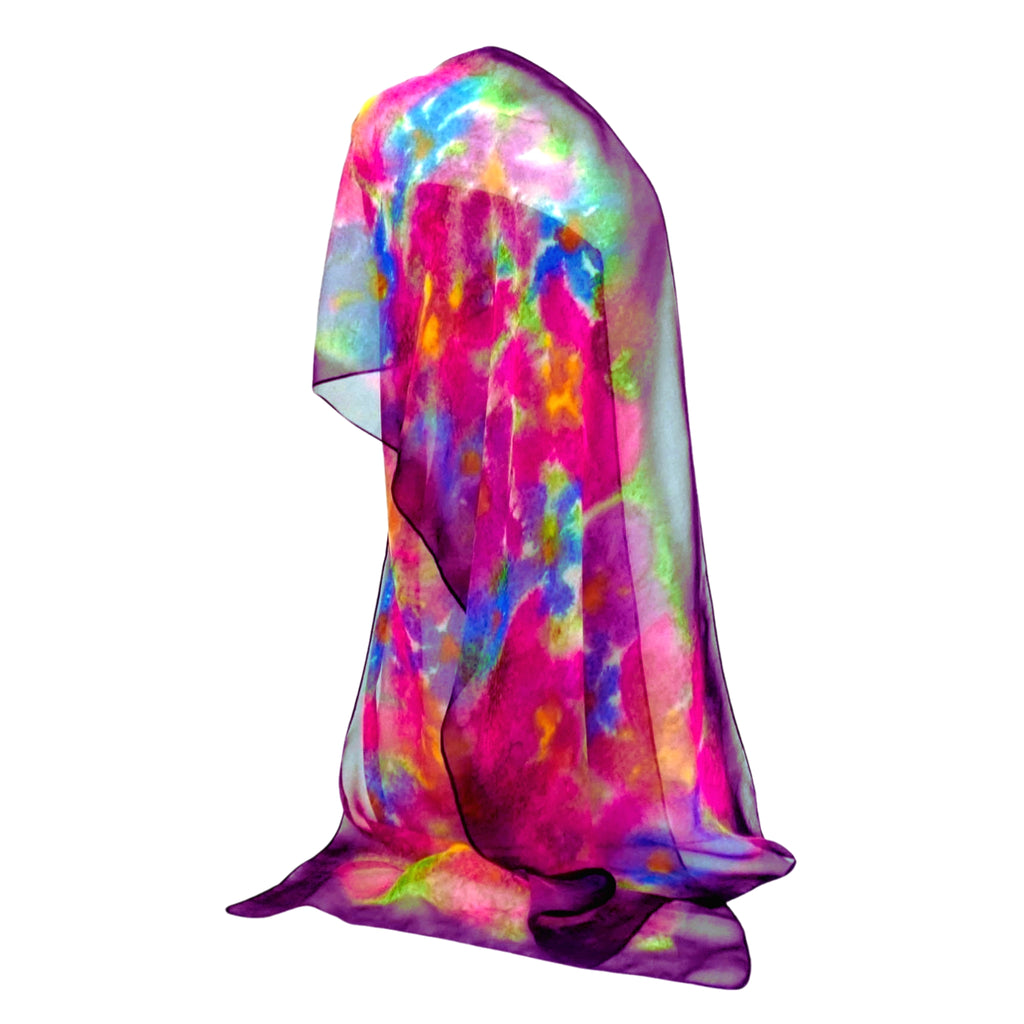 SilkArt: Daisies & Lilies dancing in the Diamond Galaxy - Hand-Painted Silk Scarf (14x72) - Black Border with Pink & Blue Flowers