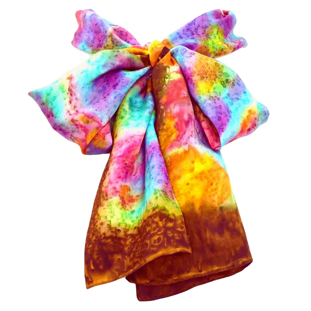 SilkArt: Violets visiting Honesuckles in the Pearl Galaxy - Hand-Painted Silk Scarf (8x54) - Chocolate Brown Border with Orange, Pink, & Purple Flowers