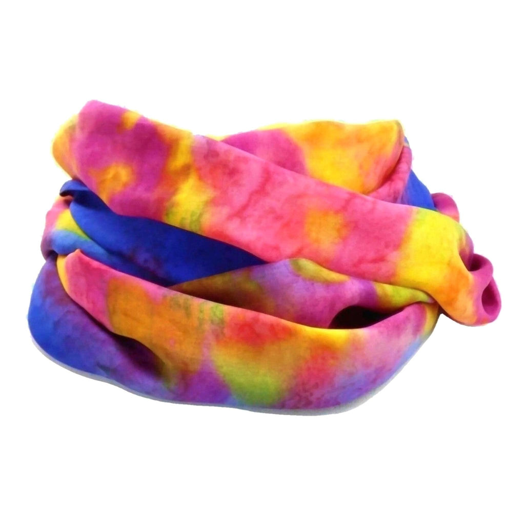 SilkArt: The Morning Glory Colony of the Sapphire Galaxy - Hand-Painted Silk Scarf (8x54) - Sappire Blue Border with Pink & Yellow Flowers