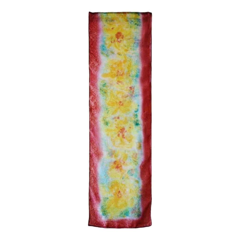 SilkArt: The Carnation Colony of the Garnet Galaxy - Hand-Painted Silk Scarf 8x54 - Garnet Red Border with Yellow Flowers (back)