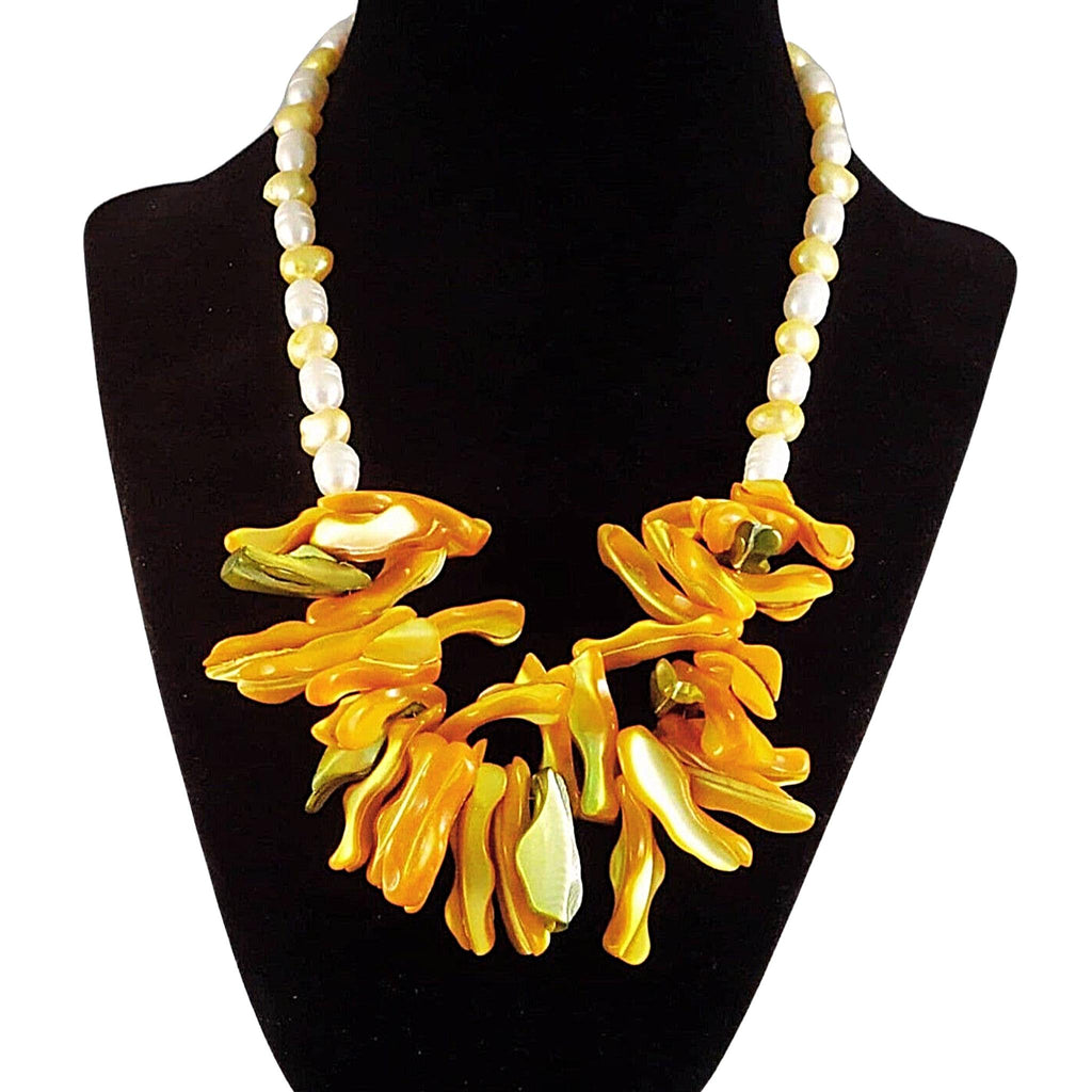 The Citrine Galaxy Statement Necklace - Mango Yellow Mother-of-Pearl Bib with Citrine Yellow & White Freshwater Pearls (Sterling Silver Toggle Clasp)