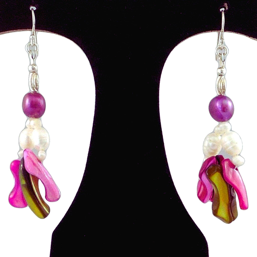 The Ruby Galaxy Statement Earrings - Rose Pink Mother-of-Pearl Dangles with Pink & White Freshwater Pearls (Sterling Silver Earwires)