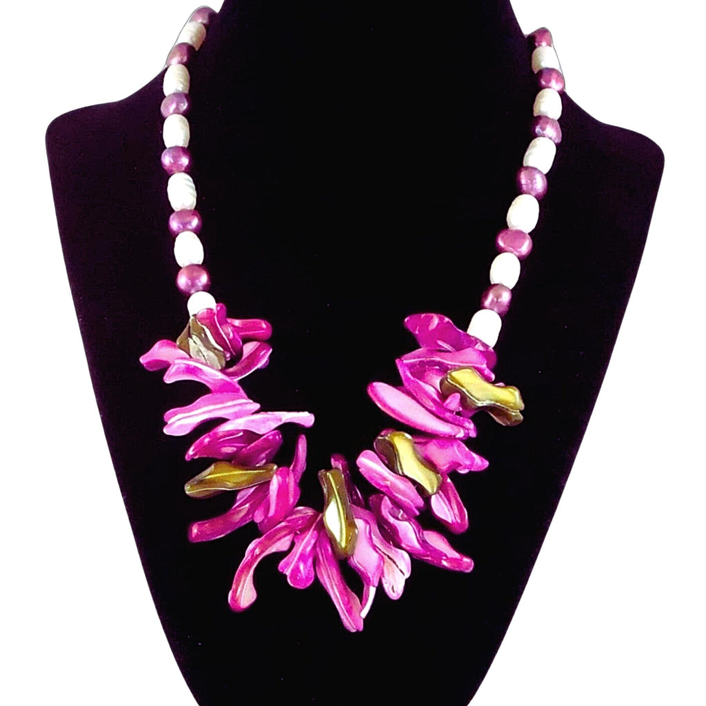 The Ruby Galaxy Statement Necklace - Rose Pink Mother-of-Pearl Bib with Rose Pink & White Freshwater Pearls (Sterling Silver Toggle Clasp)