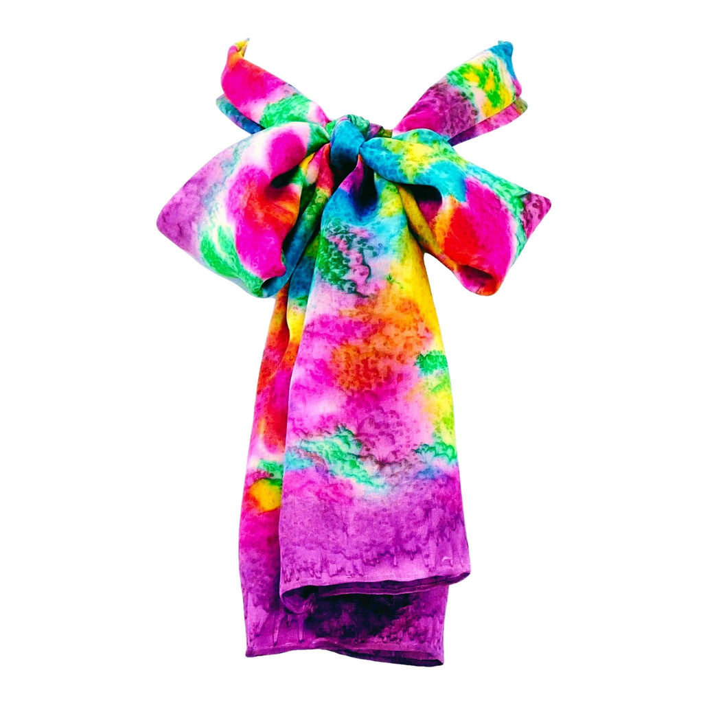 SilkArt: The Violet Colony of the Amethyst Galaxy - Hand-Painted Silk Scarf (8x54) - Purple Border with Violet Pink, Yellow, & Blue Flowers