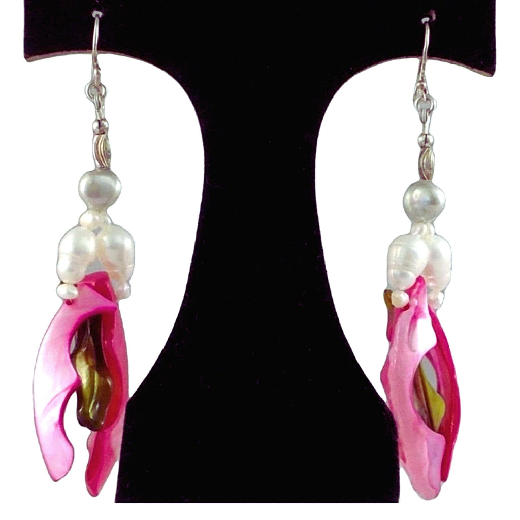 The Diamond Galaxy Statement Earrings - Pink Mother-of-Pearl Dangles with Gray & White Freshwater Pearls (Sterling Silver Earwires)