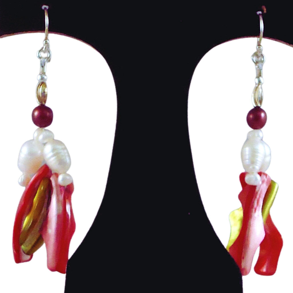 The Garnet Galaxy Statement Earrings - Red Mother-of-Pearl Dangles with Garnet Red & White Freshwater Pearls (Sterling Silver Earwires)