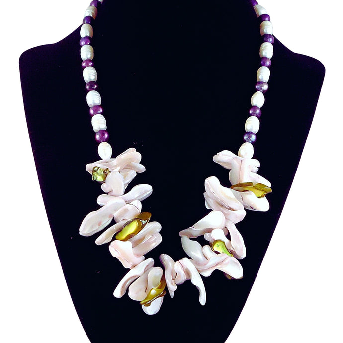 The Amethyst Galaxy Statement Necklace - Lilac Mother-of-Pearl Bib with Purple & White Freshwater Pearls (Sterling Silver Toggle Clasp)