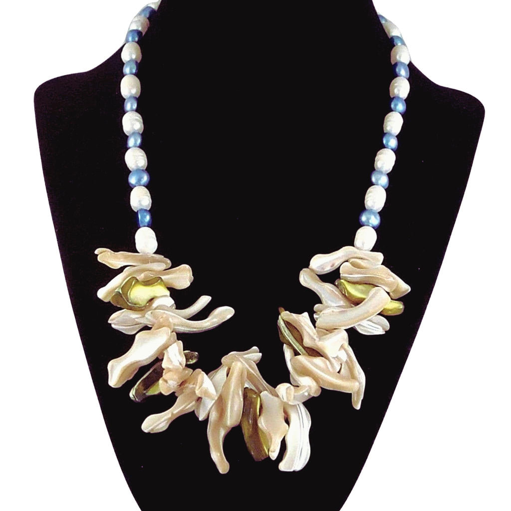 The Aquamarine Galaxy Statement Necklace - Natural Mother-of-Pearl Bib with Blue & White Freshwater Pearls (Sterling Silver Toggle Clasp)