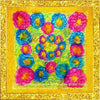 SilkArt: The Chrysanthemum Colony of the Citrine Galaxy - Hand-Painted Silk Scarf 35x35 - (Cirine Yellow Border with Pink & Blue Flowers)