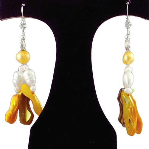 The Citrine Galaxy Statement Earrings - Yellow Mother-of-Pearl Dangles with Yellow & White Freshwater Pearls (Sterling Silver Earwires)